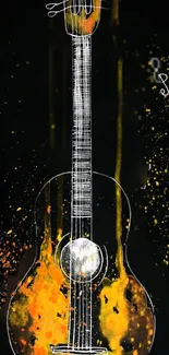 Artistic guitar with musical notes on black background.