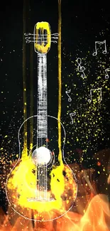 Artistic guitar with musical notes on a dark background with vivid yellow hues.