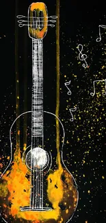 Artistic guitar and notes on black background with orange splashes.