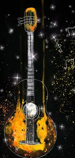 Artistic guitar illustration with music notes on a vibrant yellow and black background.