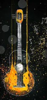 Artistic guitar with vibrant orange splashes on a dark background.