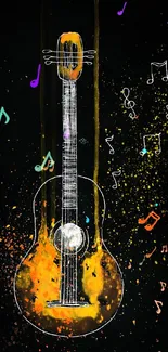 Artistic guitar with orange splashes and musical notes on a black background.