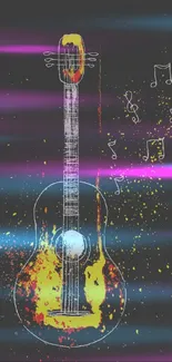 Artistic guitar wallpaper with yellow splashes on a black background.