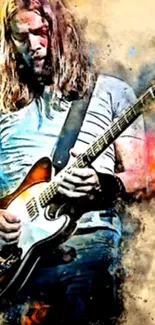 Colorful watercolor-style image of a guitarist playing.