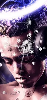 Artistic portrait wallpaper with headphones and snowflakes.