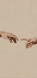 Two hands reaching out on a beige background, minimalist artwork wallpaper.