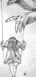 Artistic sketch of hands controlling a swing with a figure, in black and white.