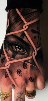 Intricate hand tattoo art on mobile wallpaper with dark tones.