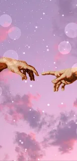 Artistic hands under a purple-pink sky wallpaper for mobile.