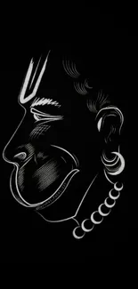 Minimalist white sketch of Hanuman on black wallpaper.