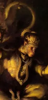 Artistic depiction of Lord Hanuman in a dark, mystical setting.