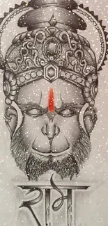 Intricate pencil sketch of Hanuman with a subtle red accent.