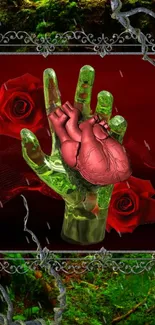 Artistic wallpaper with heart, hand, and red roses.