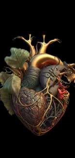 3D abstract heart design with nature elements on a dark background.