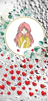 Anime girl with pink hair surrounded by hearts and leaves on silver background.