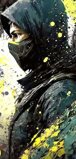 Artistic masked figure in teal and yellow splatter background.