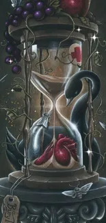 Surreal hourglass with fantasy elements and vibrant colors.