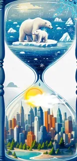 Artistic hourglass with polar bears and cityscape illustration.