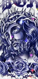 Artistic Jesus portrait in blue monochrome with roses and thorns.