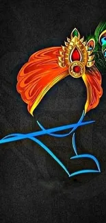 Krishna symbol with vibrant colors on a dark background.