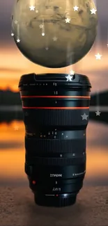 Surreal scene with lens and planet, adorned by stars and sunset.