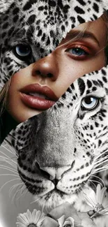 Artistic fusion of human and leopard face with floral elements.