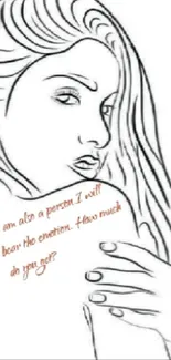 Line drawing of a woman with an emotional quote on mobile wallpaper.