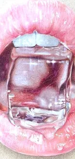 Drawing of lips with ice cube and pink pencils.