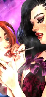 Fantasy illustration of stylish women with vibrant makeup on a purple background.