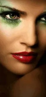 Close-up portrait with dramatic makeup and bold colors on a mobile wallpaper.