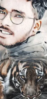 Artistic portrait of man with tiger overlay, perfect for mobile wallpaper.