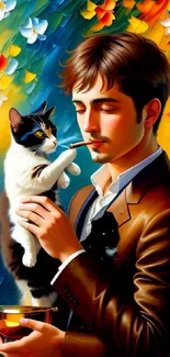 Artistic wallpaper of man with cats and colorful background.