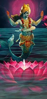 Mythical mermaid sitting on a glowing lotus flower in a serene artistic setting.