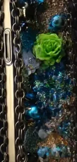 Intricate phone case with vibrant decoration and chains