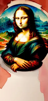 Vibrant Mona Lisa mobile wallpaper with red background.