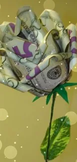 A rose crafted from dollar bills against a light yellow background.