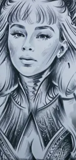 Monochrome artistic sketch of a female portrait with intricate details.