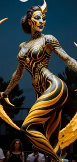 Moonlit figure with intricate body paint design against a dark night sky.