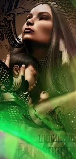 Artistic wallpaper featuring a mother and child with vibrant green accents.