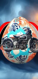 Motorcycle on patterned egg with dramatic sky.