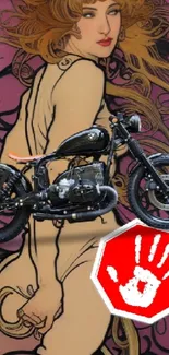 Artistic wallpaper with motorcycle and street art design.