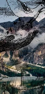 Artistic mountain landscape with hands and birds, blending nature and surreal elements.