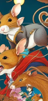 Fantasy art wallpaper with colorful mice and intricate details.