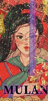 Artistic Mulan inspired phone wallpaper with vibrant colors and golden details.