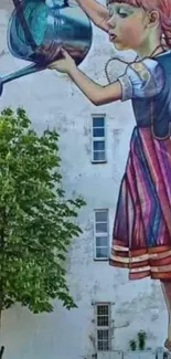 Giant mural of a girl watering a tree on a building wall.