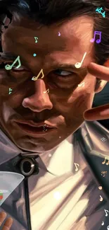 Artistic painting of a musician with colorful music notes.