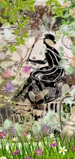 Artistic silhouette of a figure in nature with green foliage and floral design.