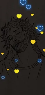 Modern depiction of Jesus with neon hearts on a black background.