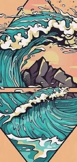 Stylized artistic ocean wave with mountains.