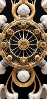 Ornate gold and white clock design on a black background wallpaper.